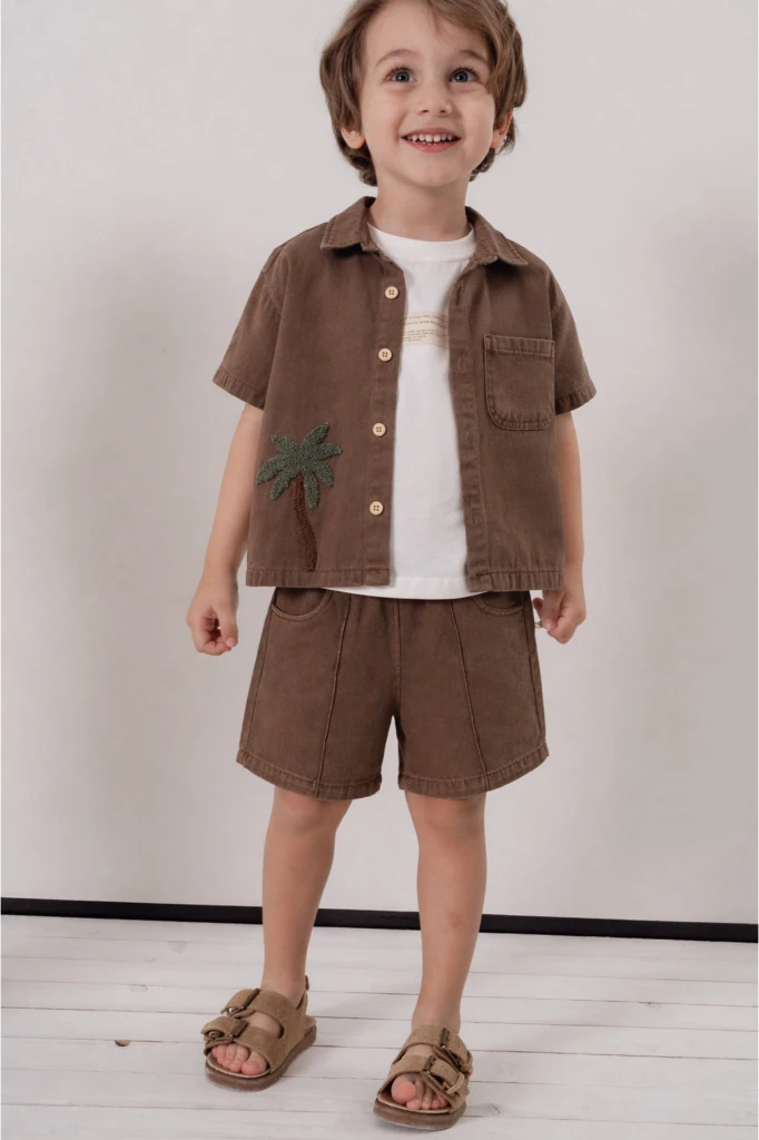 Palmiye Nakışlı Kısa Kollu Gömlek Şort 3lü Erkek Çocuk Takım 3702 - KAHVERENGİ