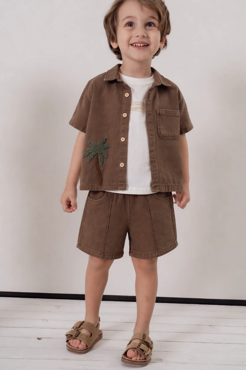 Palmiye Nakışlı Kısa Kollu Gömlek Şort 3lü Erkek Çocuk Takım 3702 - KAHVERENGİ