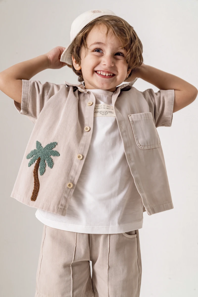 Palmiye Nakışlı Kısa Kollu Gömlek Şort 3lü Erkek Çocuk Takım 3702 - BEJ