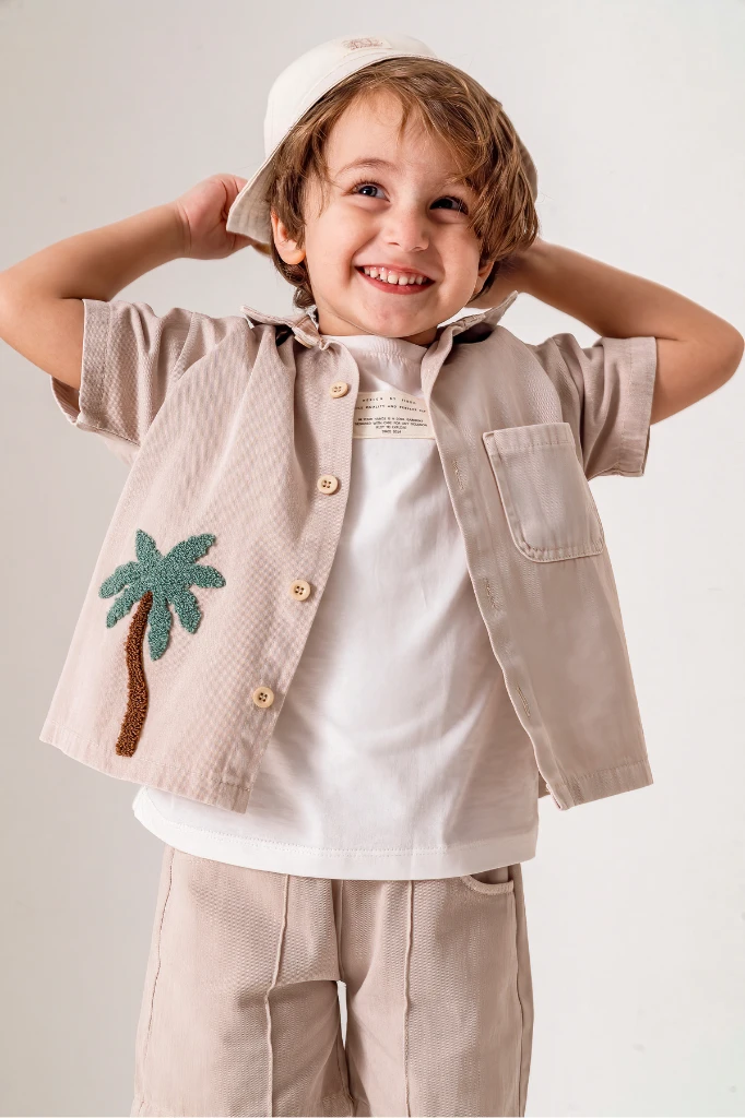Palmiye Nakışlı Kısa Kollu Gömlek Şort 3lü Erkek Çocuk Takım 3702 - BEJ