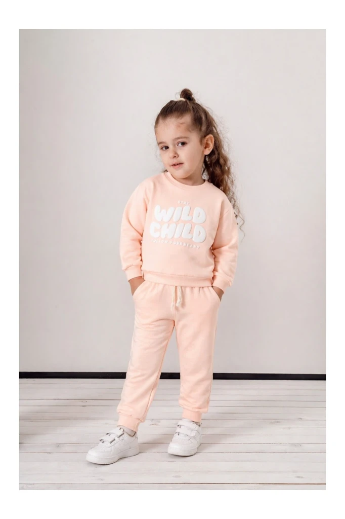 Wild Child Baskılı Şeftali Renk Kız Çocuk Eşofman Takımı 1001 - SOMON