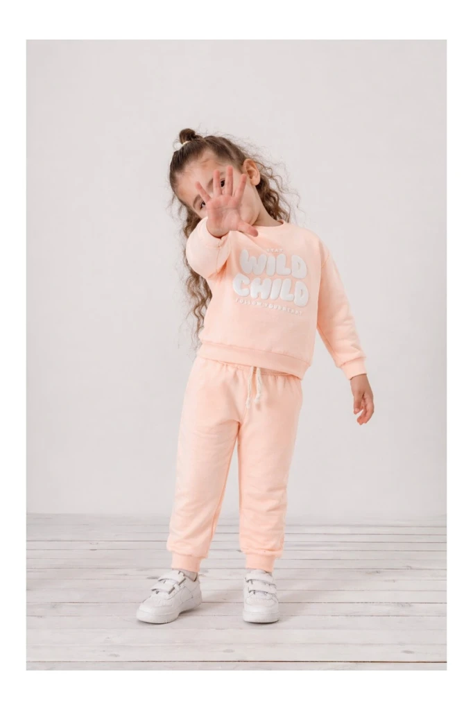 Wild Child Baskılı Şeftali Renk Kız Çocuk Eşofman Takımı 1001 - SOMON