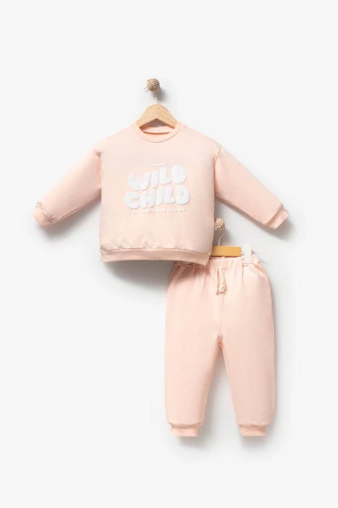 Wild Child Baskılı Şeftali Renk Kız Çocuk Eşofman Takımı 1001 - SOMON