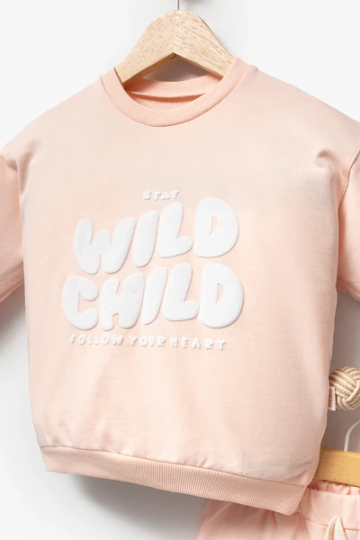 Wild Child Baskılı Şeftali Renk Kız Çocuk Eşofman Takımı 1001 - SOMON