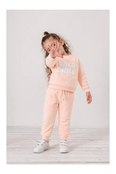 Wild Child Baskılı Şeftali Renk Kız Çocuk Eşofman Takımı 1001 - SOMON