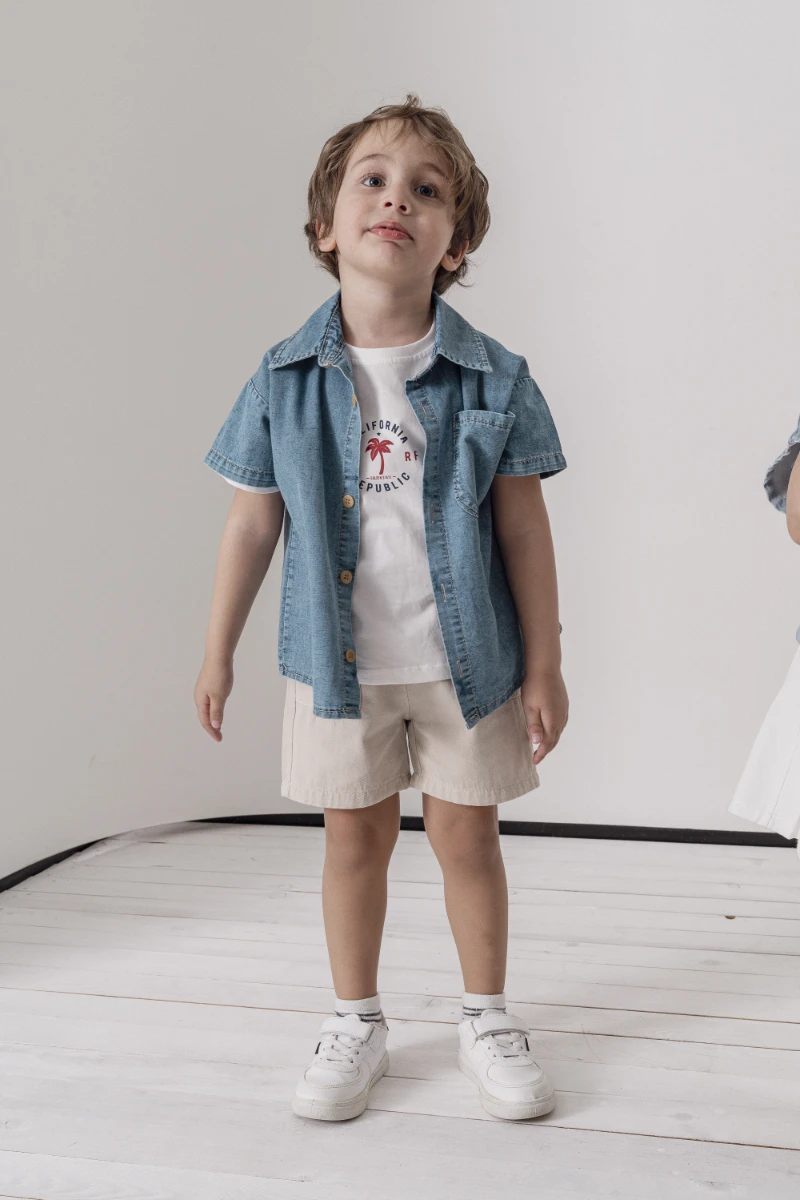 Kot gömlek T-shirt Şort 3lü Yazlık Erkek Çocuk Takım 3711 - EKRU