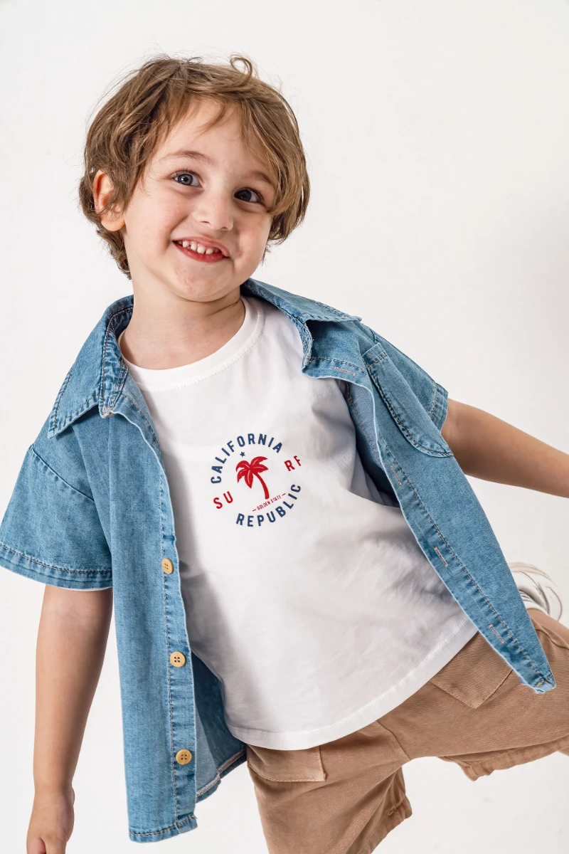 Kot gömlek T-shirt Şort 3lü Yazlık Erkek Çocuk Takım 3711 - VİZON