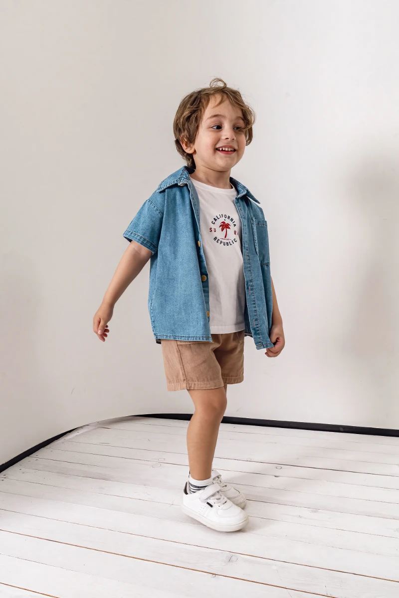 Kot gömlek T-shirt Şort 3lü Yazlık Erkek Çocuk Takım 3711 - VİZON