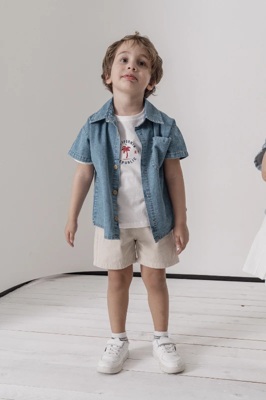 Kot gömlek T-shirt Şort 3lü Yazlık Erkek Çocuk Takım 3711 - EKRU