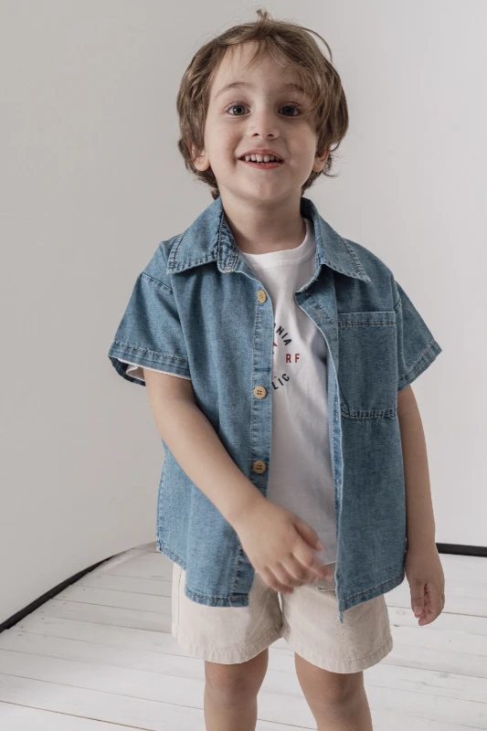 Kot gömlek T-shirt Şort 3lü Yazlık Erkek Çocuk Takım 3711 - EKRU