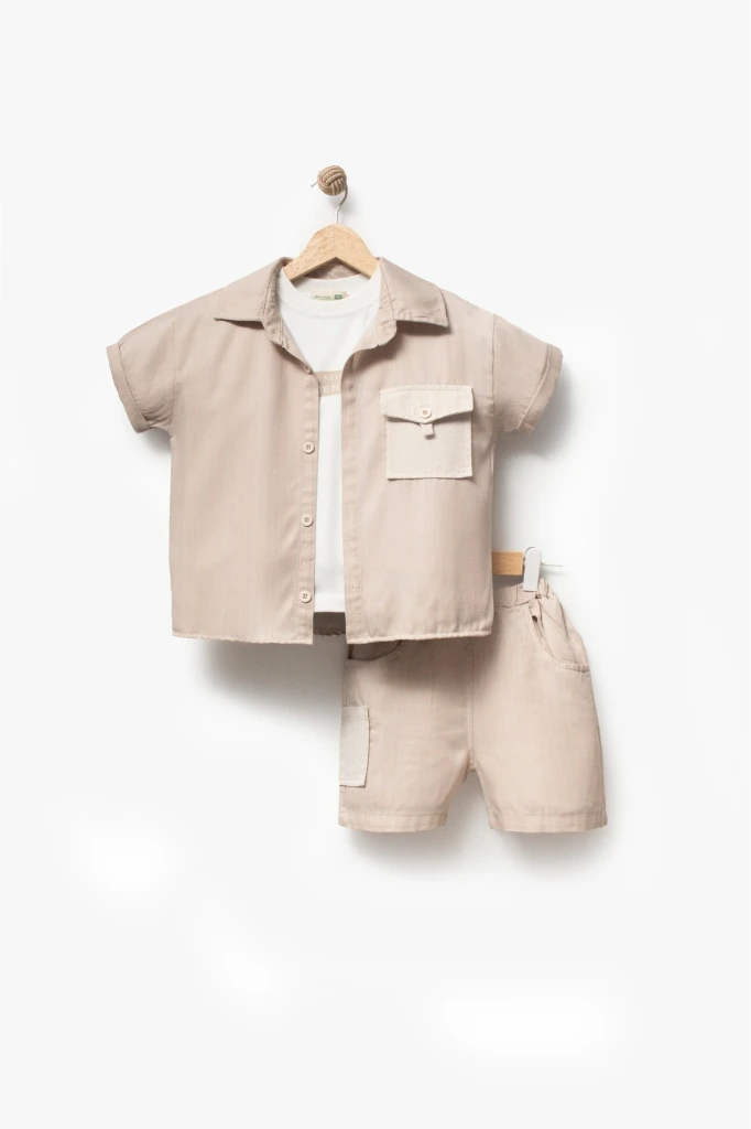 Erkek Çocuk Kısa Kollu Gömlekli Şortlu 3’lü Takım 3703 - BEJ