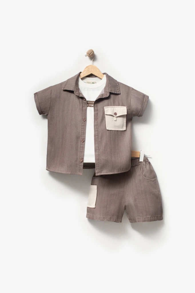 Erkek Çocuk Kısa Kollu Gömlekli Şortlu 3’lü Takım 3703 - KAHVERENGİ