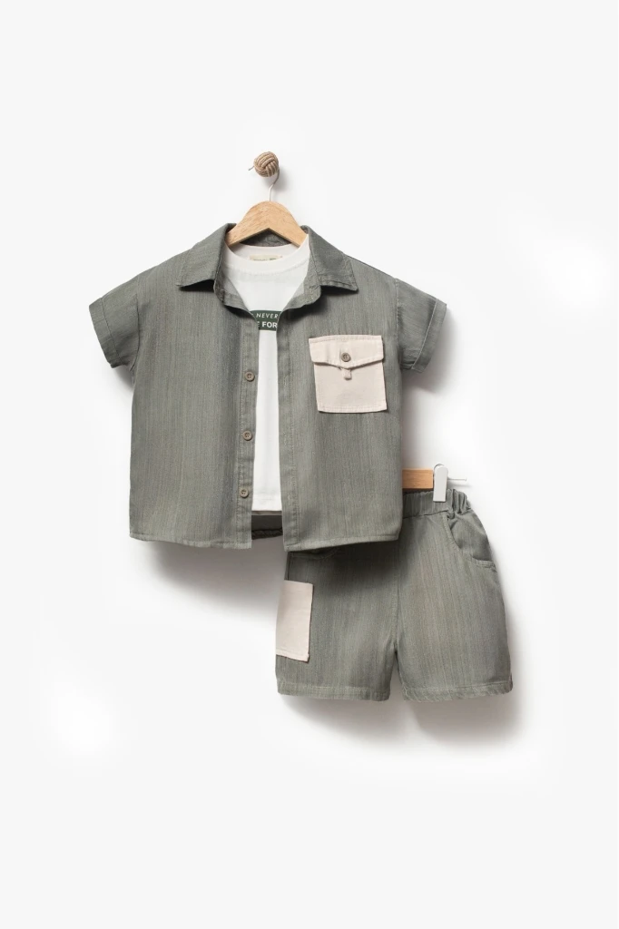 Erkek Çocuk Kısa Kollu Gömlekli Şortlu 3’lü Takım 3703 - YEŞİL