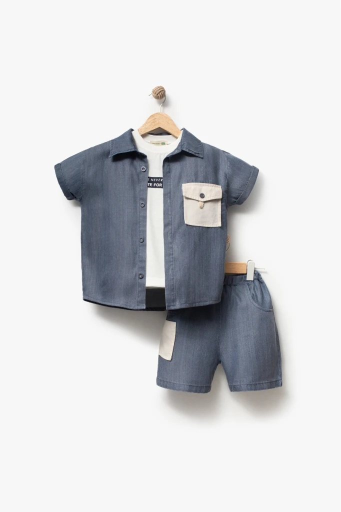 Erkek Çocuk Kısa Kollu Gömlekli Şortlu 3’lü Takım 3703 - MAVİ