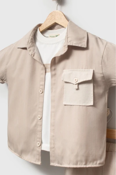 Erkek Çocuk Kısa Kollu Gömlekli Şortlu 3’lü Takım 3703 - BEJ