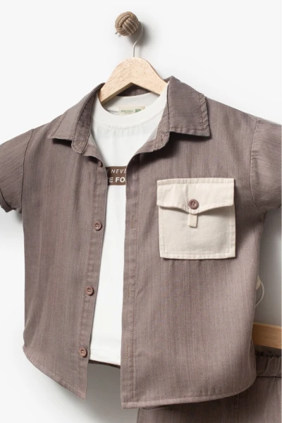 Erkek Çocuk Kısa Kollu Gömlekli Şortlu 3’lü Takım 3703 - KAHVERENGİ