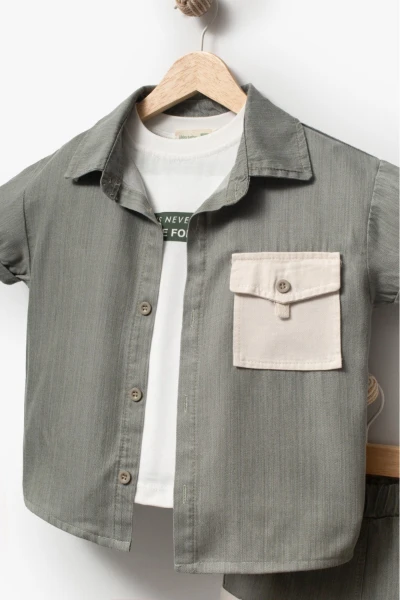 Erkek Çocuk Kısa Kollu Gömlekli Şortlu 3’lü Takım 3703 - YEŞİL