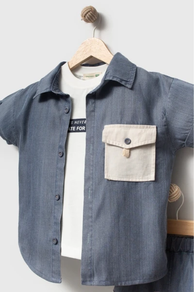 Erkek Çocuk Kısa Kollu Gömlekli Şortlu 3’lü Takım 3703 - MAVİ