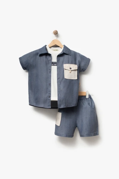 Erkek Çocuk Kısa Kollu Gömlekli Şortlu 3’lü Takım 3703 - MAVİ