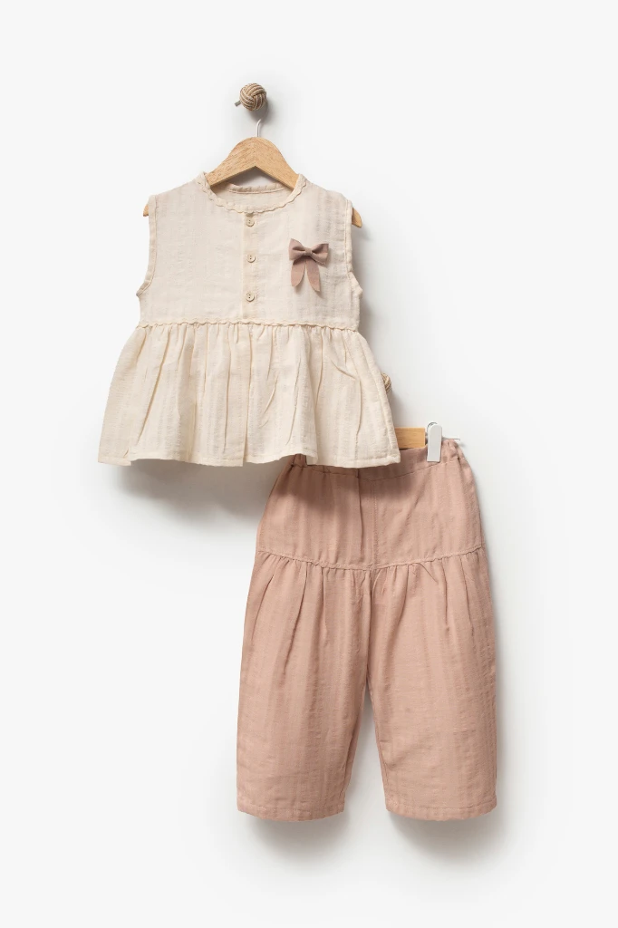 Kız Çocuk Fiyonk Detaylı 2’li Takım 3707 - BEJ