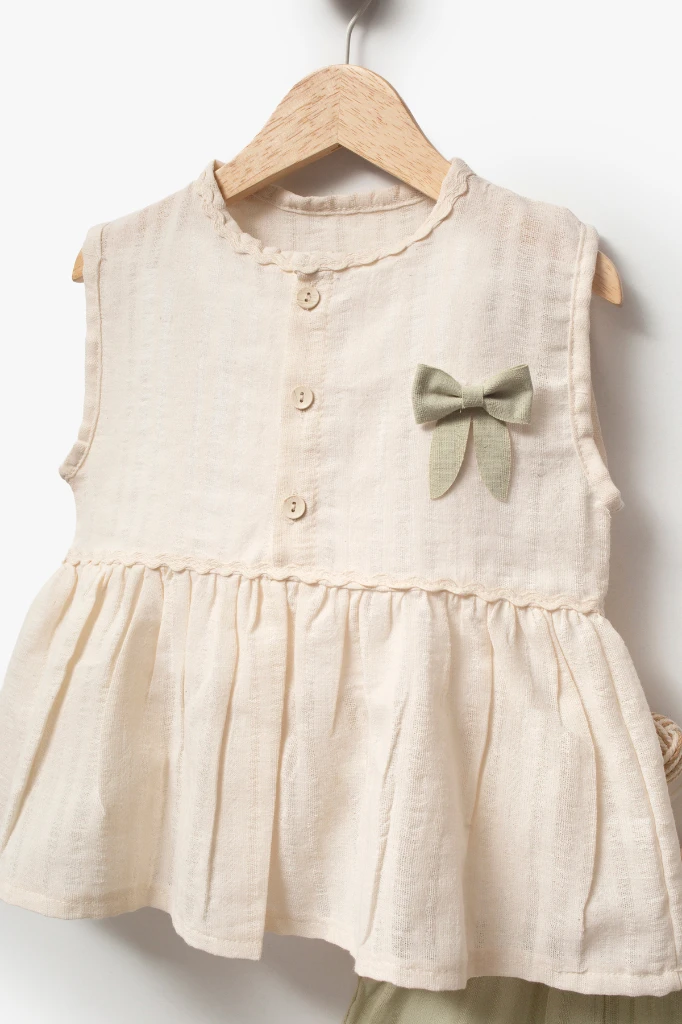 Kız Çocuk Fiyonk Detaylı 2’li Takım 3707 - EKRU