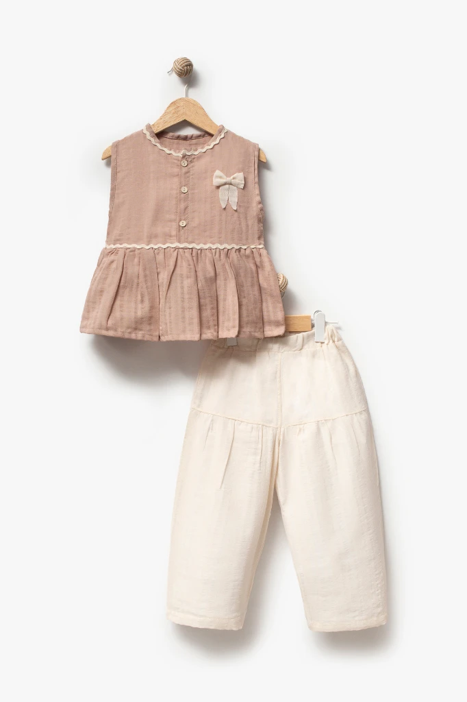 Kız Çocuk Fiyonk Detaylı 2’li Takım 3707 - PUDRA