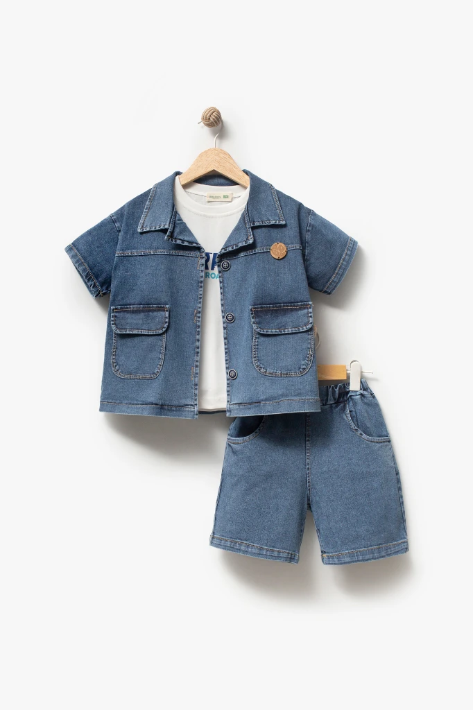 Kot Gömlek Kot Şort ve T-shirt 3lü Erkek Çocuk Takım 3701 - MAVİ
