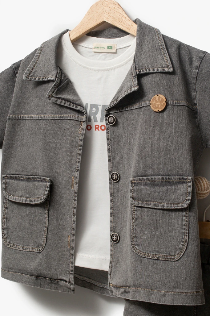 Kot Gömlek Kot Şort ve T-shirt 3lü Erkek Çocuk Takım 3701 - KOYU GRİ