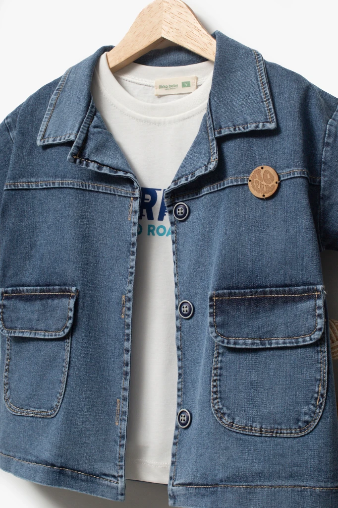 Kot Gömlek Kot Şort ve T-shirt 3lü Erkek Çocuk Takım 3701 - MAVİ