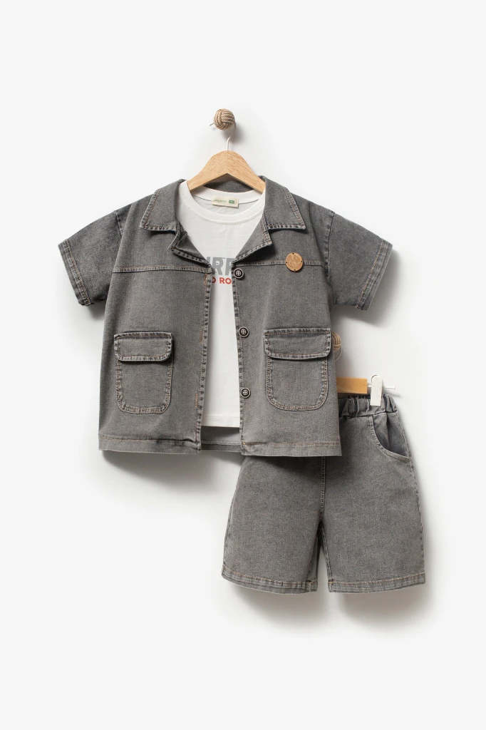 Kot Gömlek Kot Şort ve T-shirt 3lü Erkek Çocuk Takım 3701 - KOYU GRİ