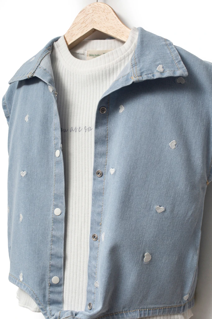 Kalp Nakış Detaylı Kot Yelekli Etekli 3lü Kız Çocuk Takım 3705 - MAVİ