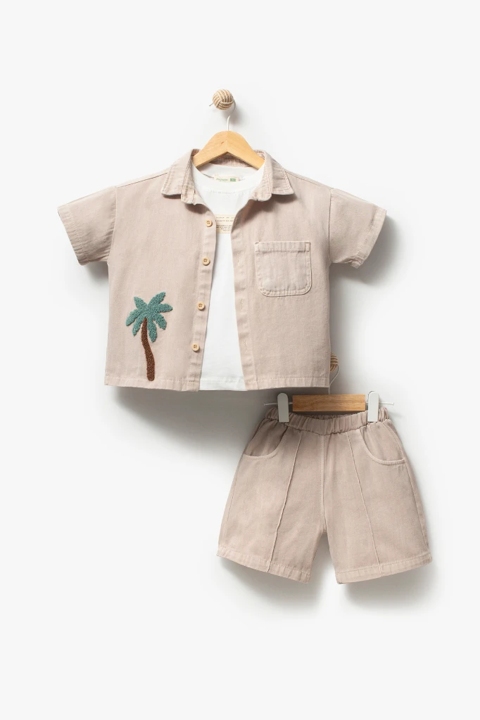 Palmiye Nakışlı Kısa Kollu Gömlek Şort 3lü Erkek Çocuk Takım 3702 - BEJ