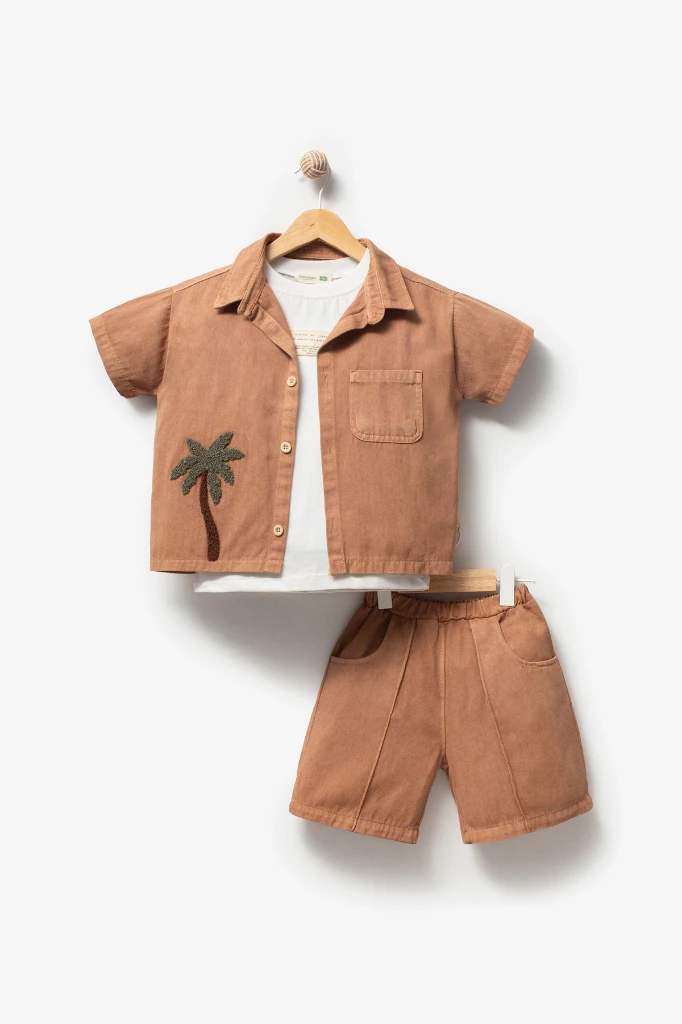 Palmiye Nakışlı Kısa Kollu Gömlek Şort 3lü Erkek Çocuk Takım 3702 - VİZON