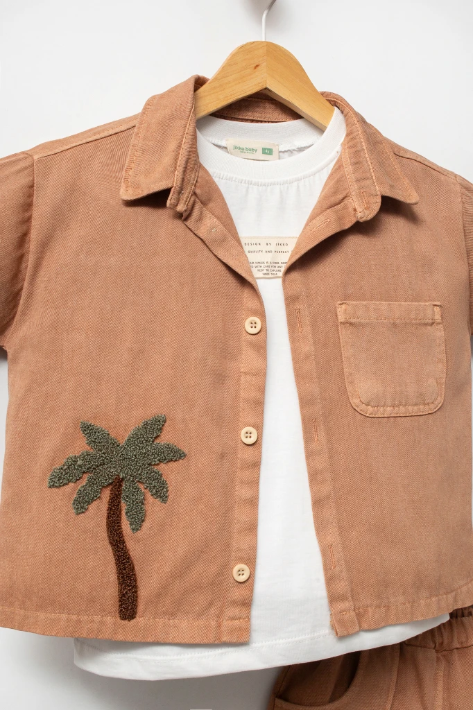 Palmiye Nakışlı Kısa Kollu Gömlek Şort 3lü Erkek Çocuk Takım 3702 - VİZON