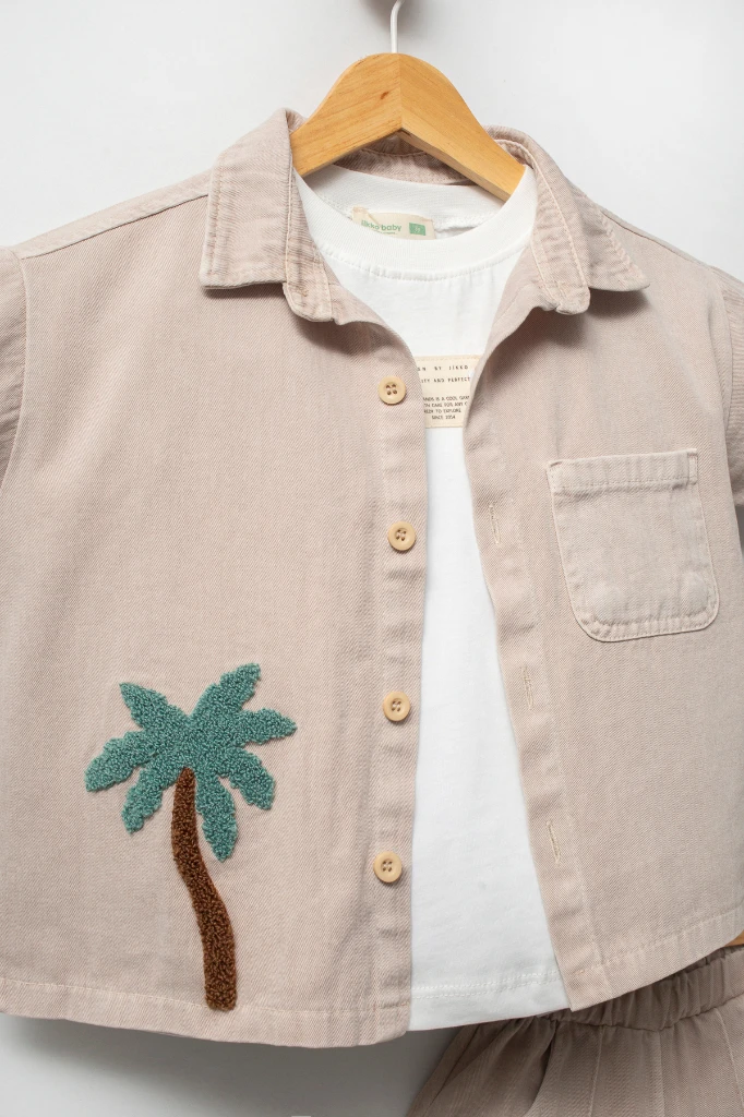 Palmiye Nakışlı Kısa Kollu Gömlek Şort 3lü Erkek Çocuk Takım 3702 - BEJ