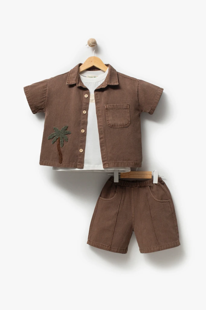 Palmiye Nakışlı Kısa Kollu Gömlek Şort 3lü Erkek Çocuk Takım 3702 - KAHVERENGİ