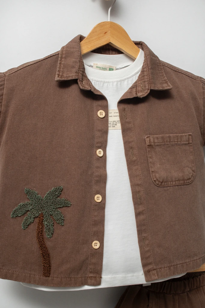 Palmiye Nakışlı Kısa Kollu Gömlek Şort 3lü Erkek Çocuk Takım 3702 - KAHVERENGİ