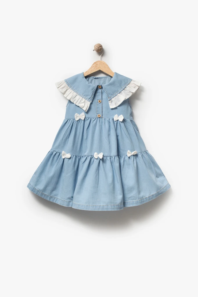 Yakası Fırfırlı Fiyonk Detaylı Kız Çocuk Kot Elbise 3706 - AÇIK MAVİ
