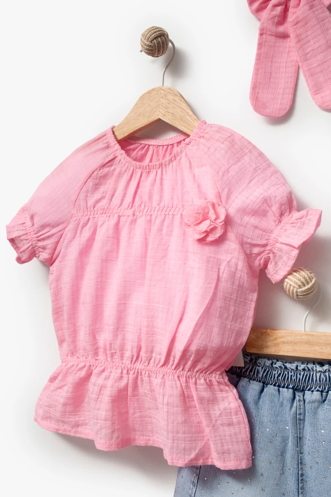 Kız Çocuk Taş Baskılı Şortlu Fırfır Detaylı 2’li Takım (toka hediyeli) 3704 - PEMBE