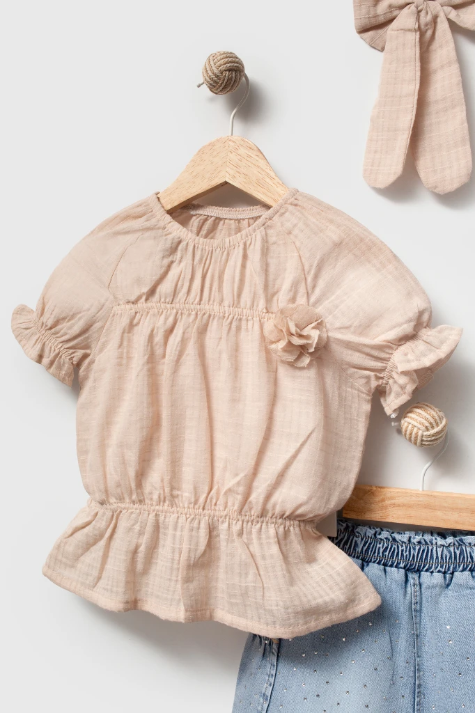 Kız Çocuk Taş Baskılı Şortlu Fırfır Detaylı 2’li Takım (toka hediyeli) 3704 - BEJ