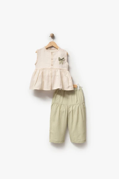 Kız Çocuk Fiyonk Detaylı 2’li Takım 3707 - EKRU