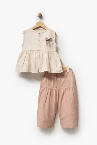 Kız Çocuk Fiyonk Detaylı 2’li Takım 3707 - BEJ