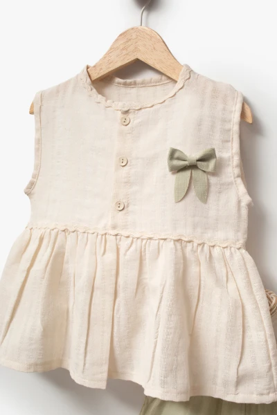 Kız Çocuk Fiyonk Detaylı 2’li Takım 3707 - EKRU