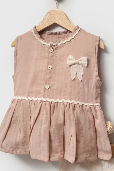 Kız Çocuk Fiyonk Detaylı 2’li Takım 3707 - PUDRA