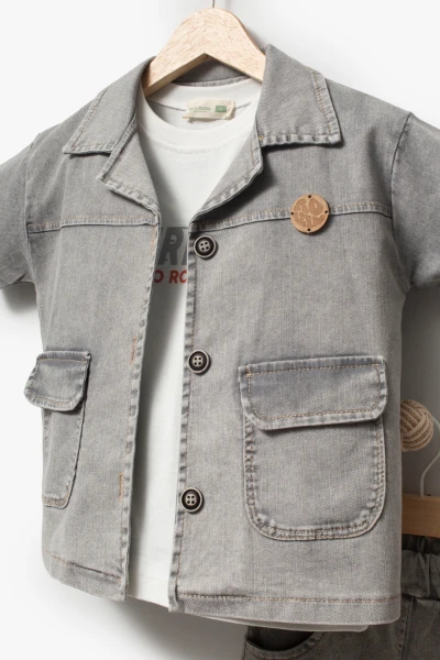 Kot Gömlek Kot Şort ve T-shirt 3lü Erkek Çocuk Takım 3701 - GRİ