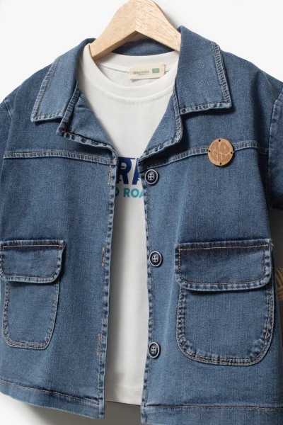 Kot Gömlek Kot Şort ve T-shirt 3lü Erkek Çocuk Takım 3701 - MAVİ