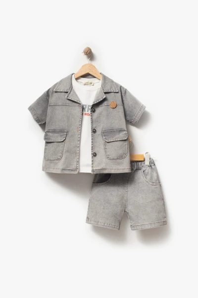 Kot Gömlek Kot Şort ve T-shirt 3lü Erkek Çocuk Takım 3701 - GRİ