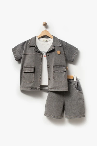 Kot Gömlek Kot Şort ve T-shirt 3lü Erkek Çocuk Takım 3701 - KOYU GRİ