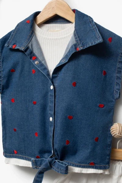 Kalp Nakış Detaylı Kot Yelekli Etekli 3lü Kız Çocuk Takım 3705 - LACİVERT