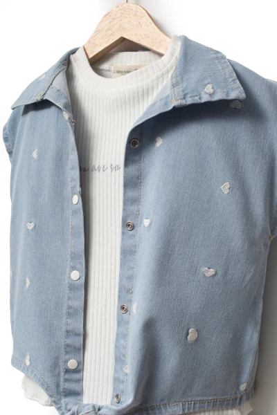 Kalp Nakış Detaylı Kot Yelekli Etekli 3lü Kız Çocuk Takım 3705 - MAVİ